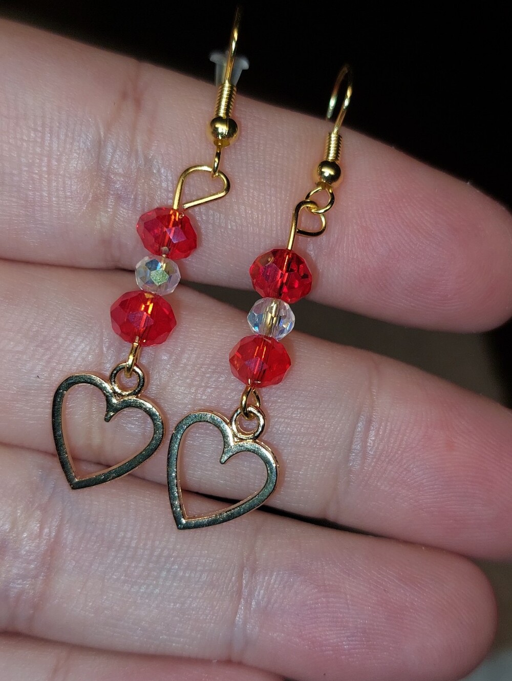 Goldtone Heart Dangle Earrings with Red Crystal Beads